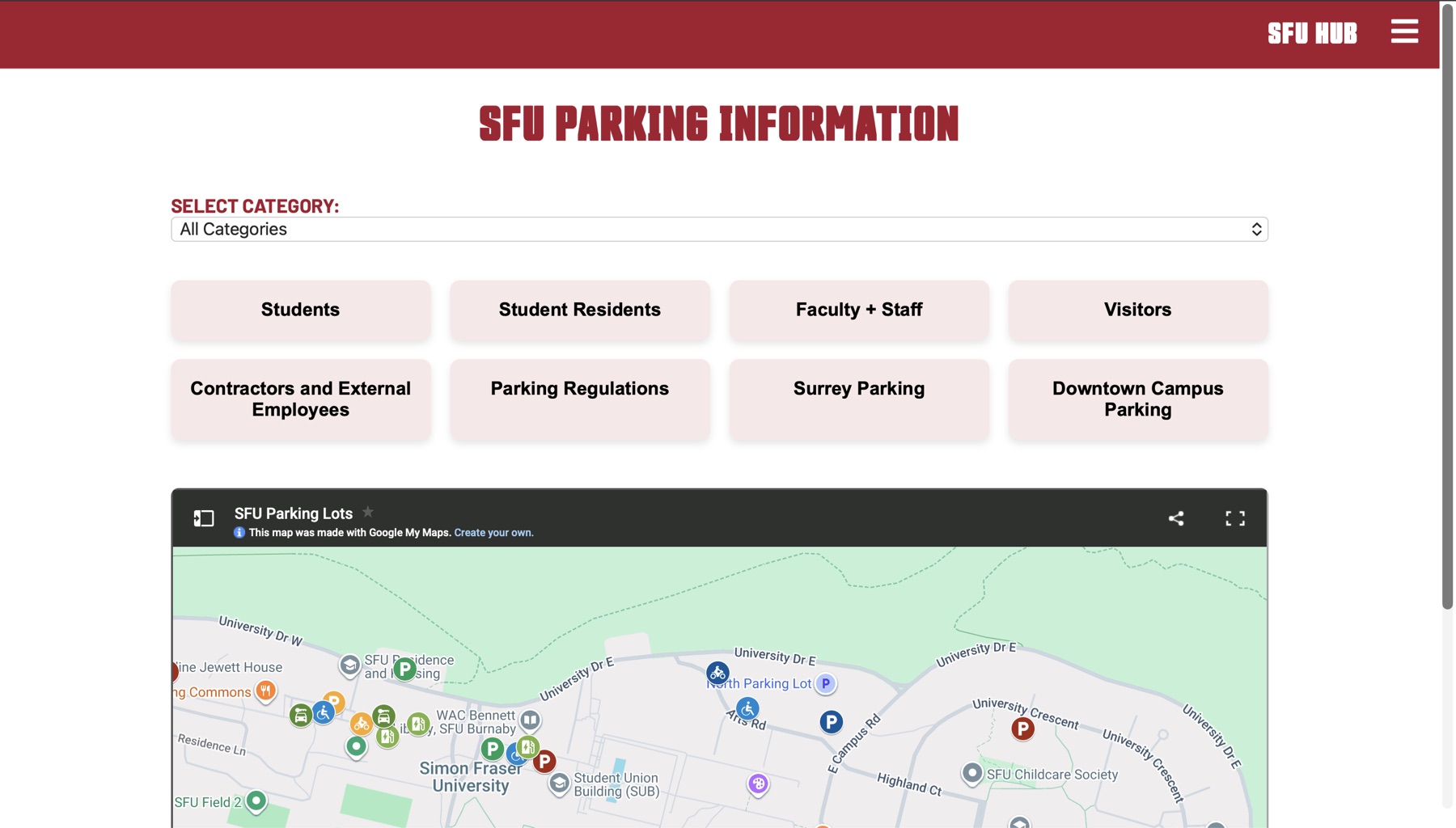 SFU HUB parking information and campus map page